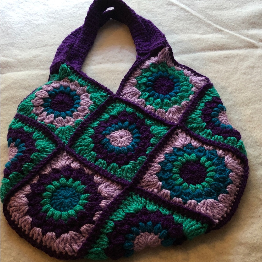 Handmade Purple & Teal Crochet Granny Square Shoulder Bag - Picture 2 of 2